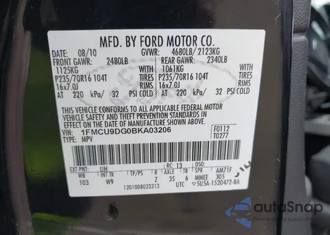 2011 Ford Escape Xlt из США, поврежденный, VIN 1FMCU9DG0BKA03206